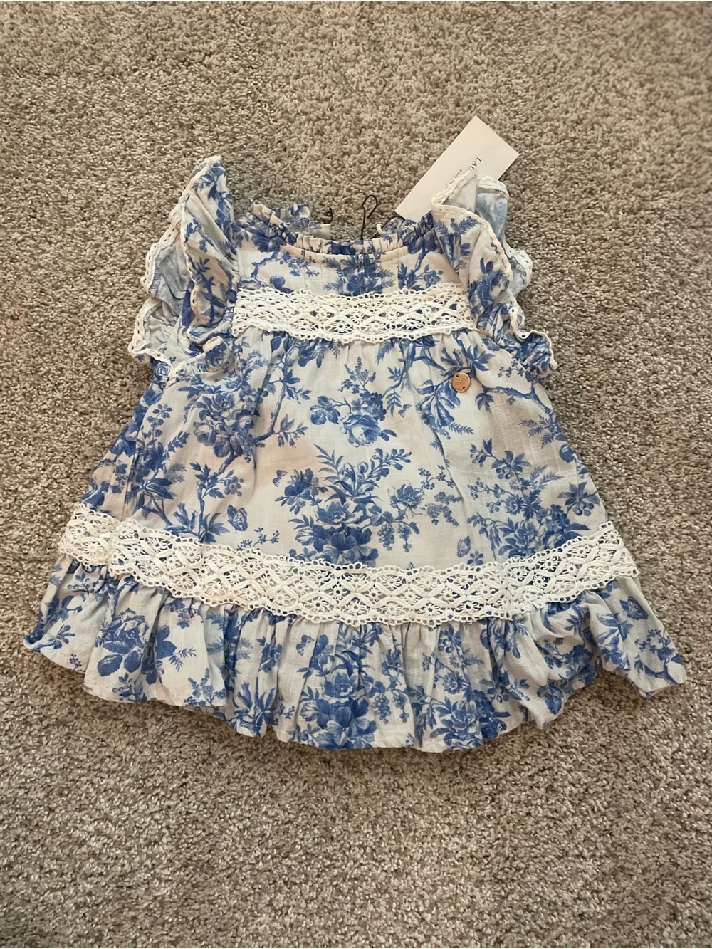 Laura Ashley Blue and White Floral Lace-Trim Girls Top